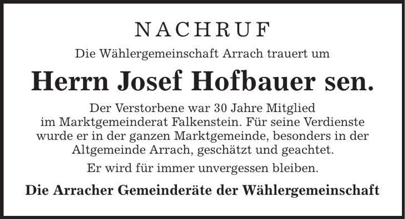 Traueranzeige Josef Hofbauer