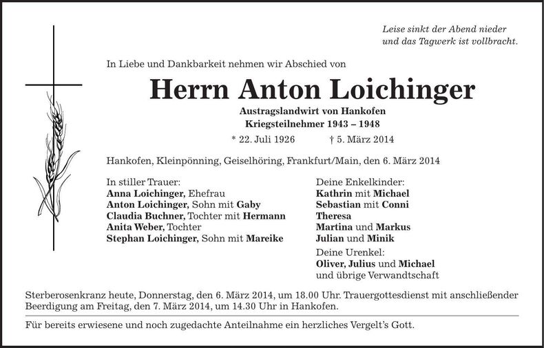 Traueranzeige Anton Loichinger