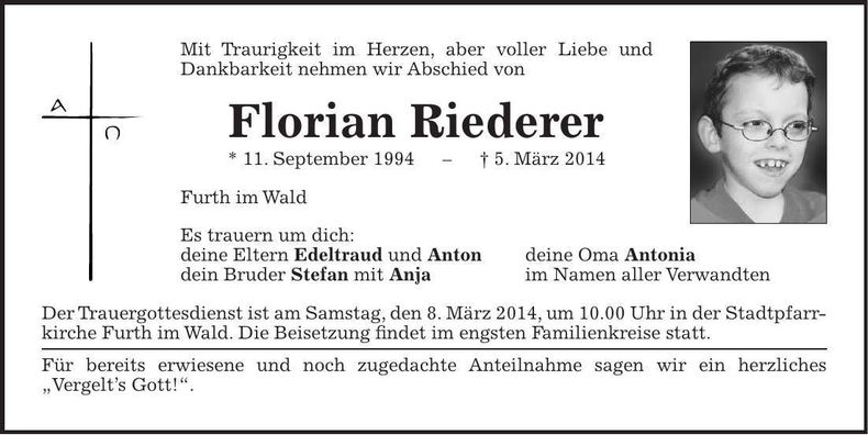 Traueranzeige Florian Riederer
