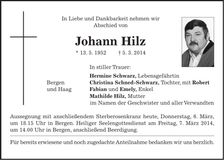 Traueranzeige Johann Hilz