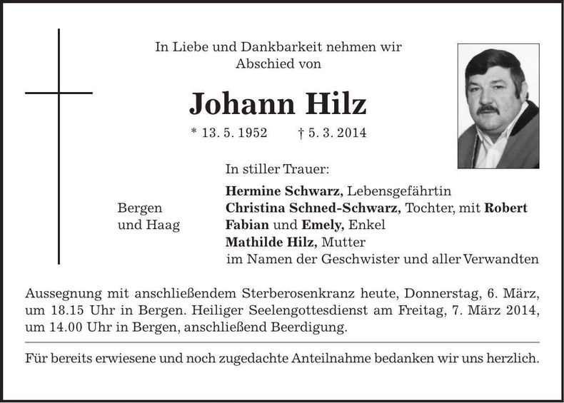 Traueranzeige Johann Hilz