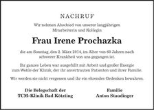 Traueranzeige Irene Prochazka
