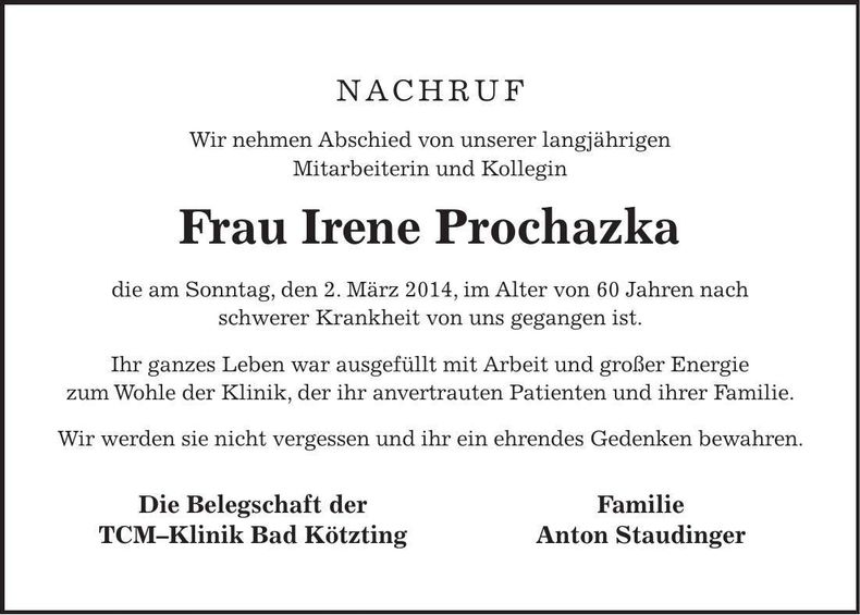 Traueranzeige Irene Prochazka