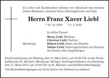 Traueranzeige Franz Xaver Liebl