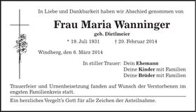 Traueranzeige Maria Wanninger