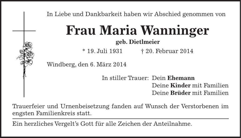 Traueranzeige Maria Wanninger