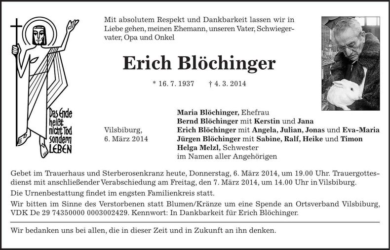 Traueranzeige Erich Blöchinger