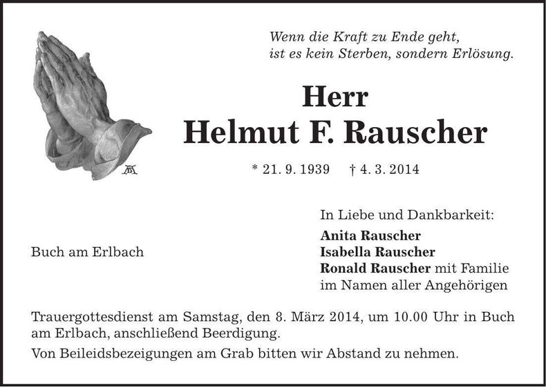 Traueranzeige Helmut F. Rauscher