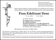 Traueranzeige Edeltraut Deus