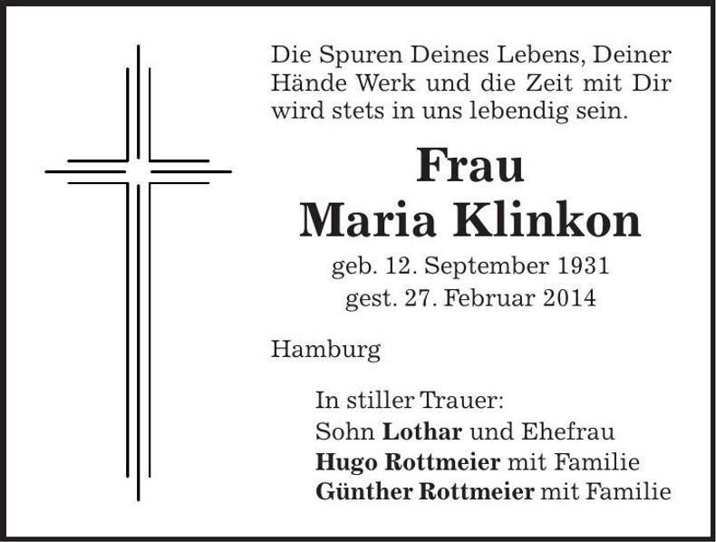 Traueranzeige Maria Klinkon