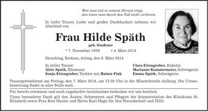 Traueranzeige Hilde Späth