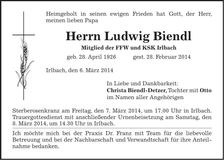Traueranzeige Ludwig Biendl