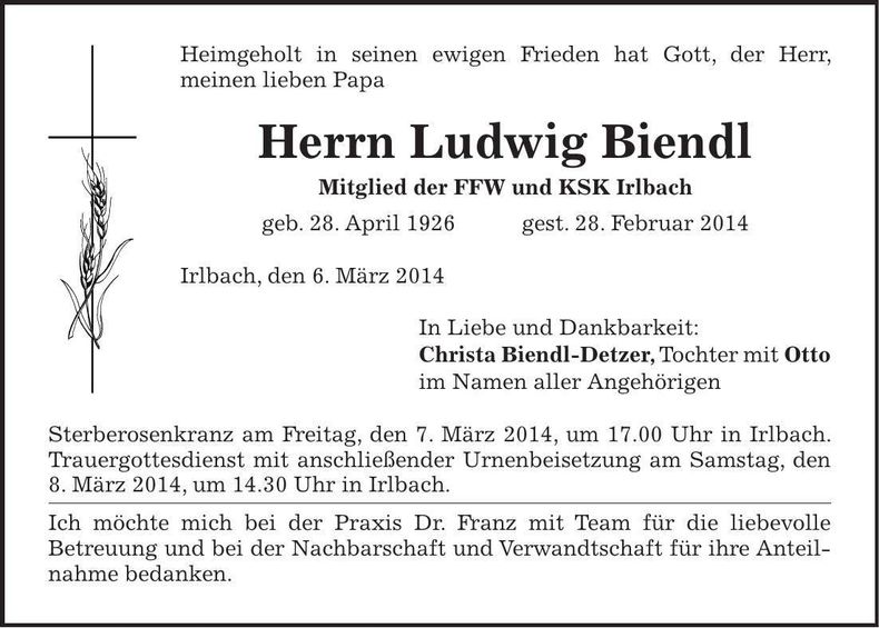 Traueranzeige Ludwig Biendl
