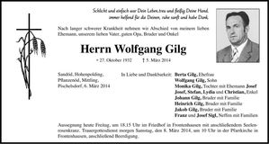 Traueranzeige Wolfgang Gilg
