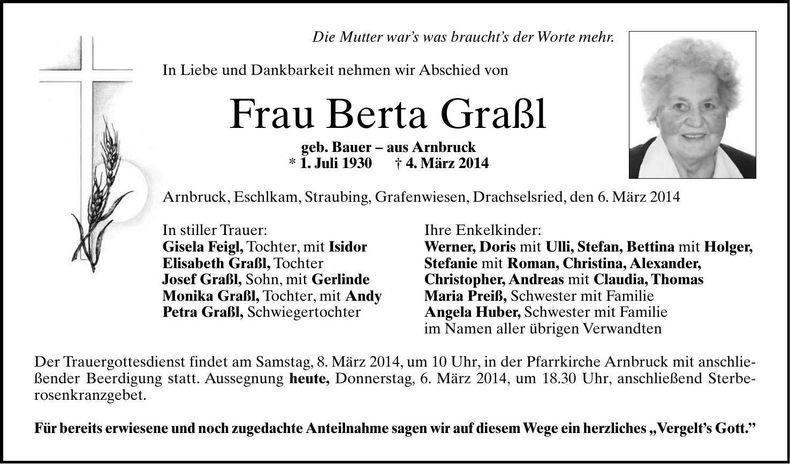 Traueranzeige Berta Graßl