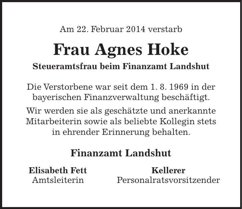Traueranzeige Agnes Hoke