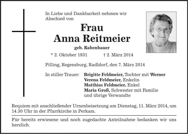 Traueranzeige Anna Reitmeier