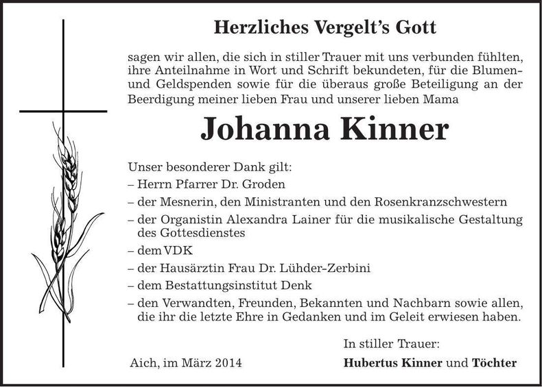 Traueranzeige Johanna Kinner