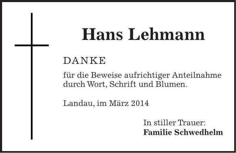 Traueranzeige Hans Lehmann