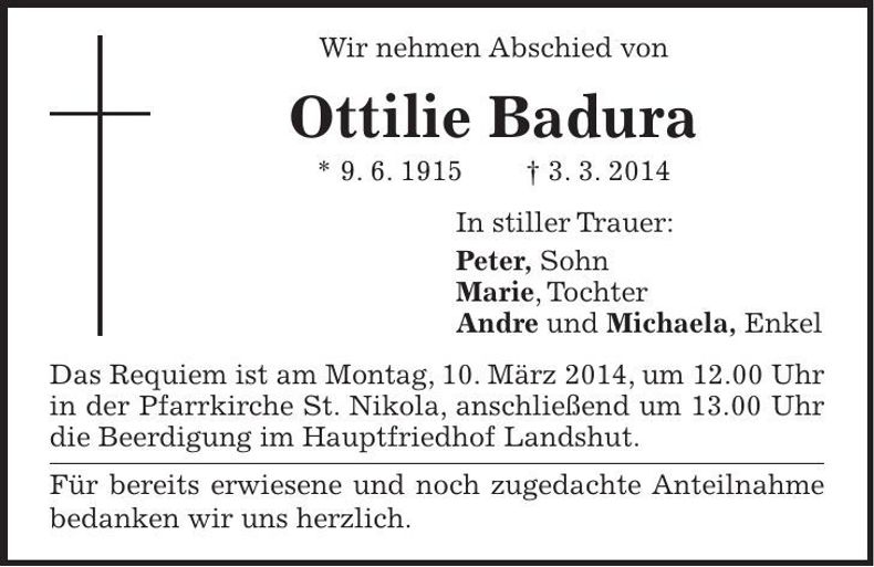 Traueranzeige Ottilie Badura