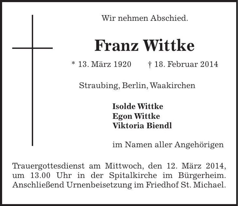 Traueranzeige Franz Wittke