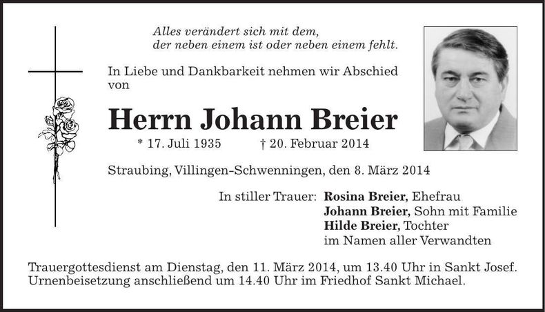 Traueranzeige Johann Breier