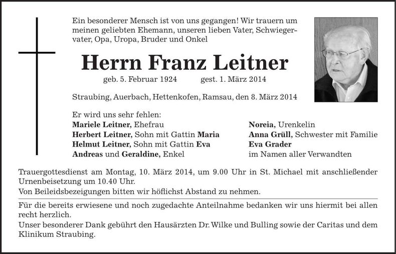 Traueranzeige Franz Leitner