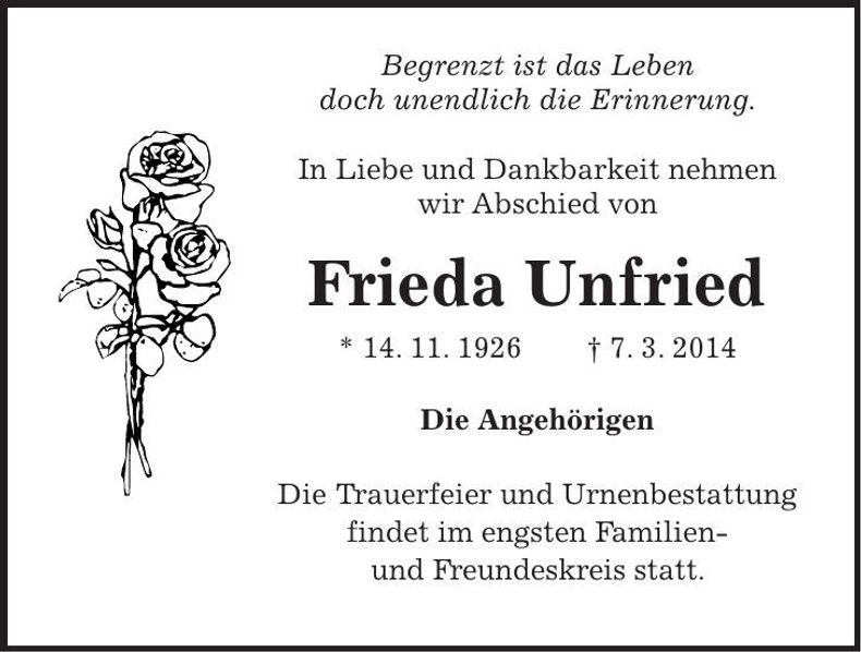 Traueranzeige Frieda Unfried
