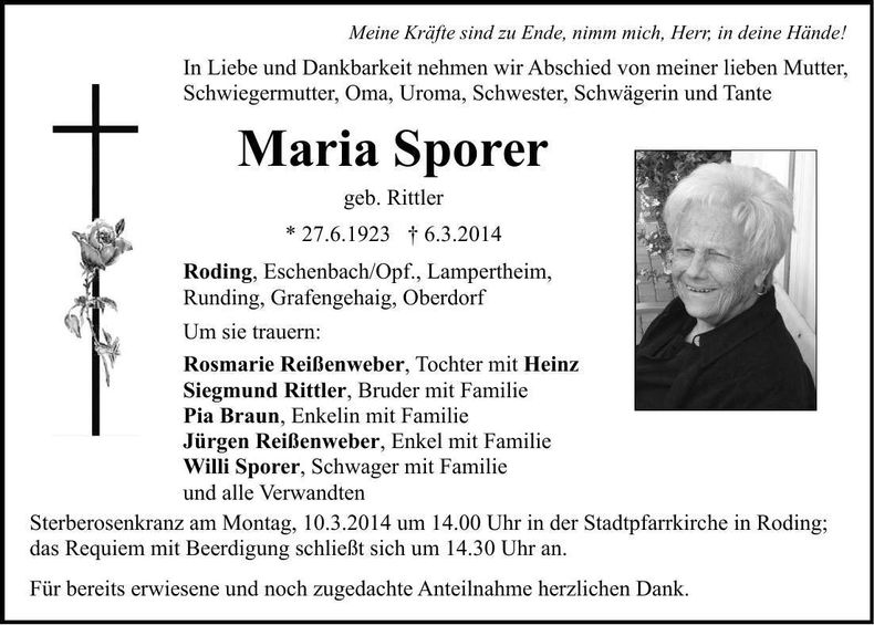 Traueranzeige Maria Sporer
