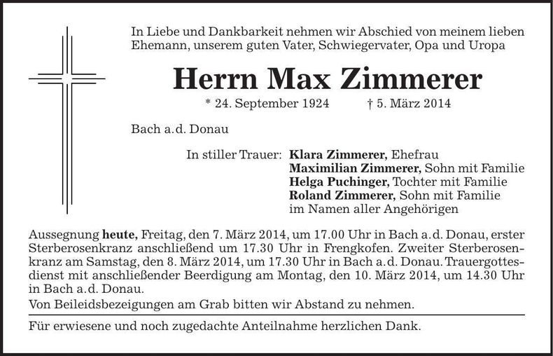 Traueranzeige Max Zimmerer