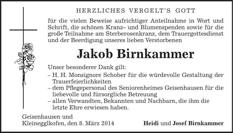 Traueranzeige Jakob Birnkammer