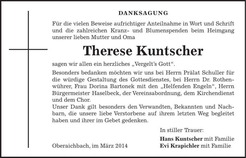 Traueranzeige Therese Kuntscher