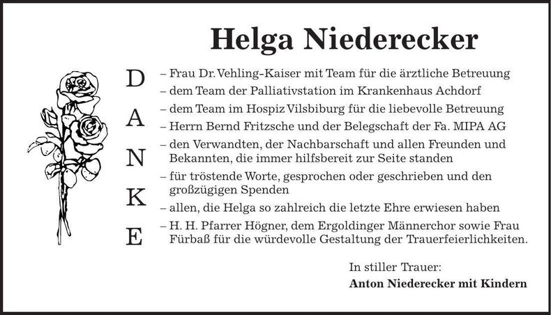 Traueranzeige Helga Niederecker