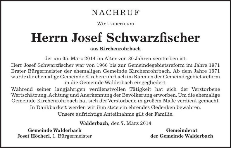 Traueranzeige Josef Schwarzfischer