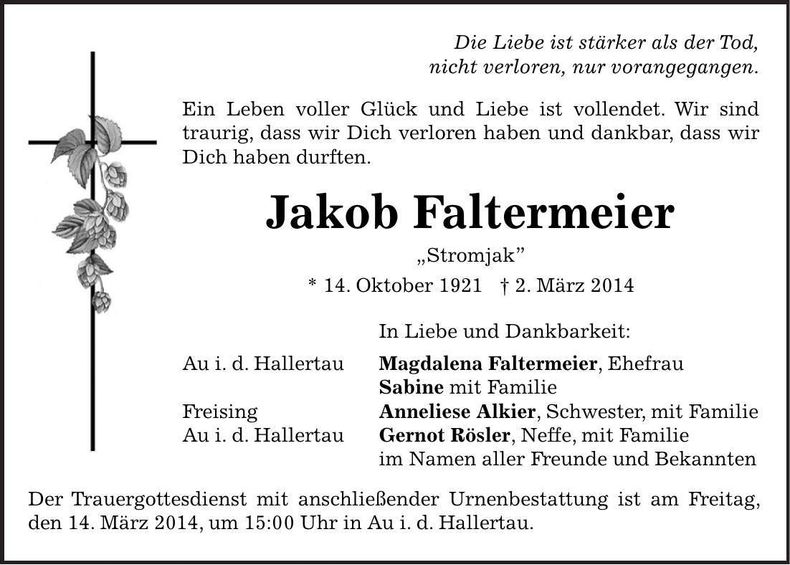 Traueranzeige Jakob Faltermeier