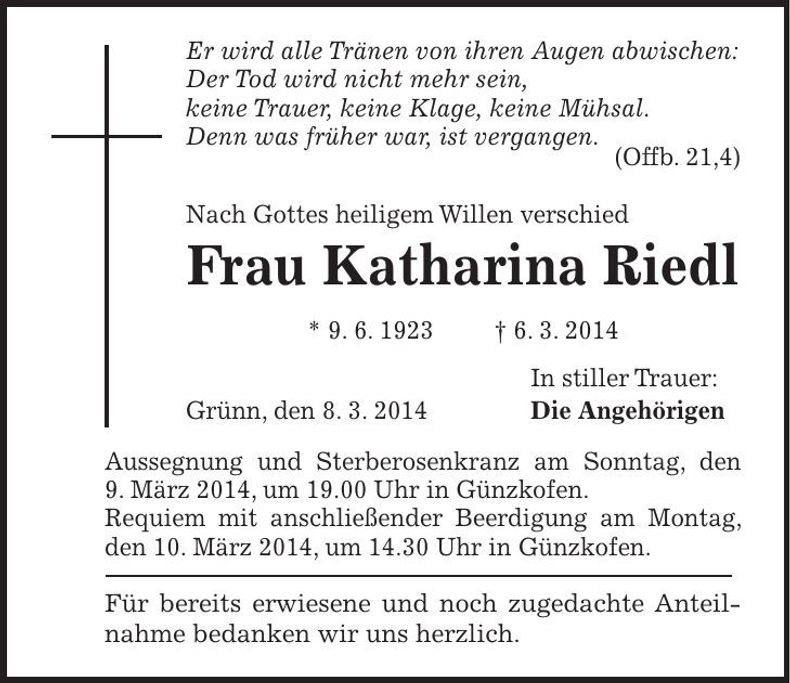 Traueranzeige Katharina Riedl