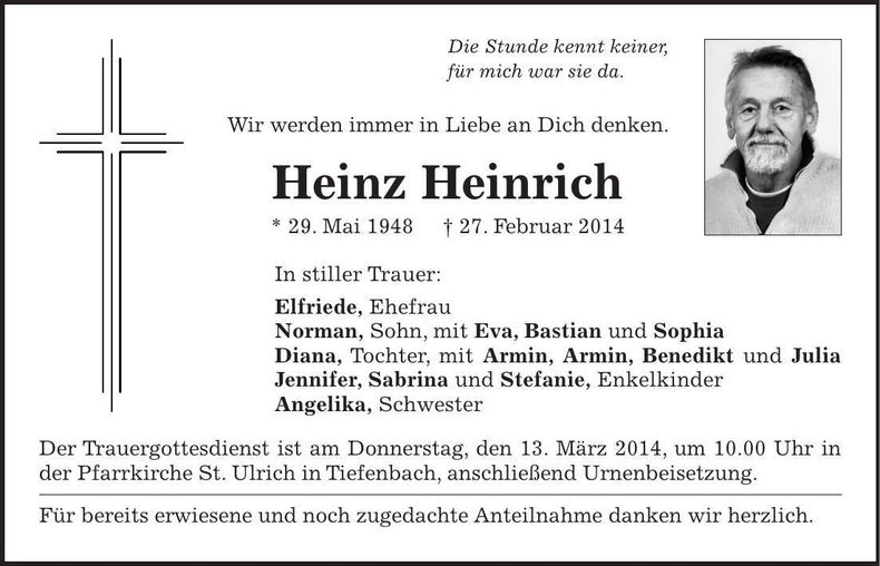 Traueranzeige Heinz Heinrich