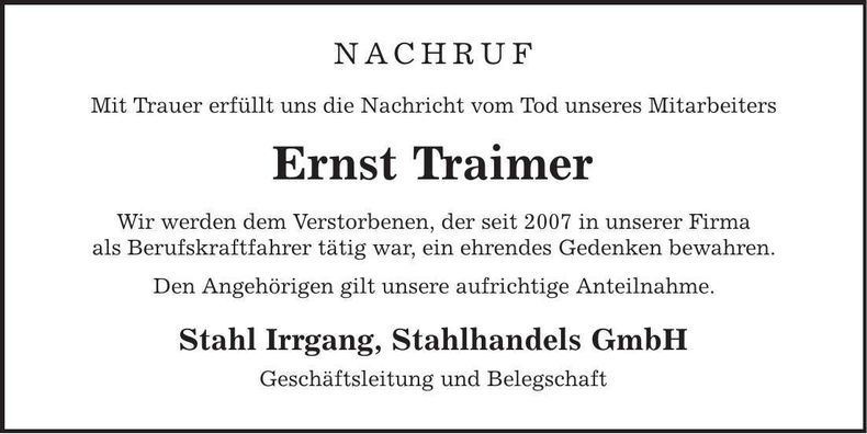 Traueranzeige Ernst Traimer