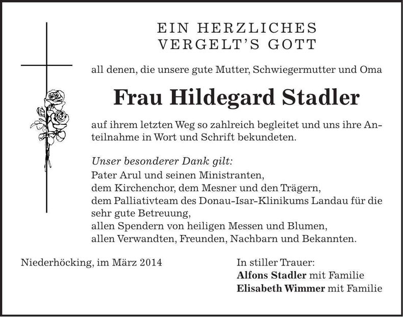 Traueranzeige Hildegard Stadler