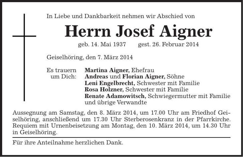 Traueranzeige Josef Aigner