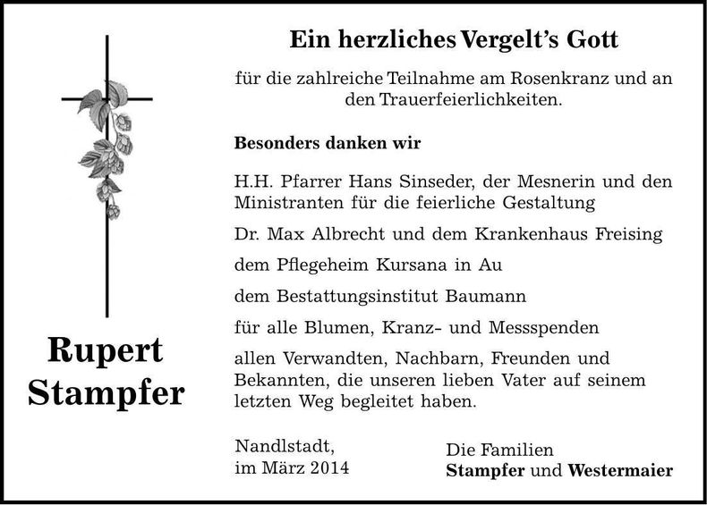 Traueranzeige Rupert Stampfer