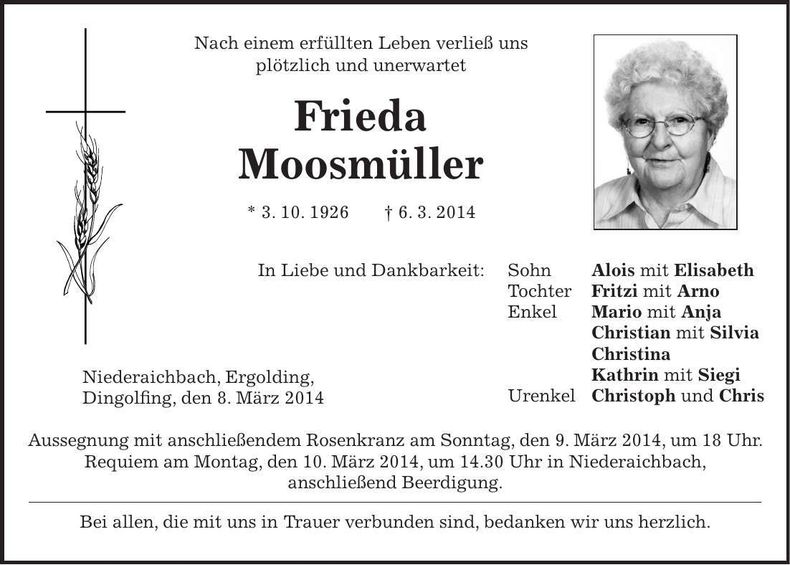 Traueranzeige Frieda Moosmüller