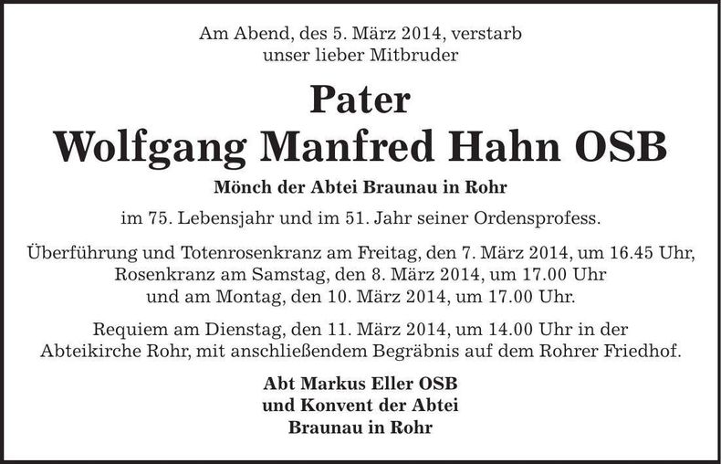 Traueranzeige Wolfgang Manfred Hahn