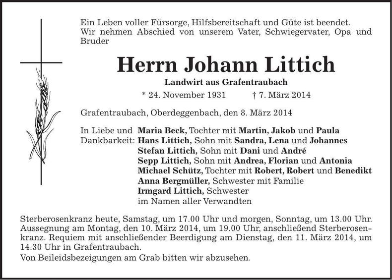 Traueranzeige Johann Littich