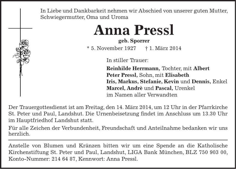 Traueranzeige Anna Pressl