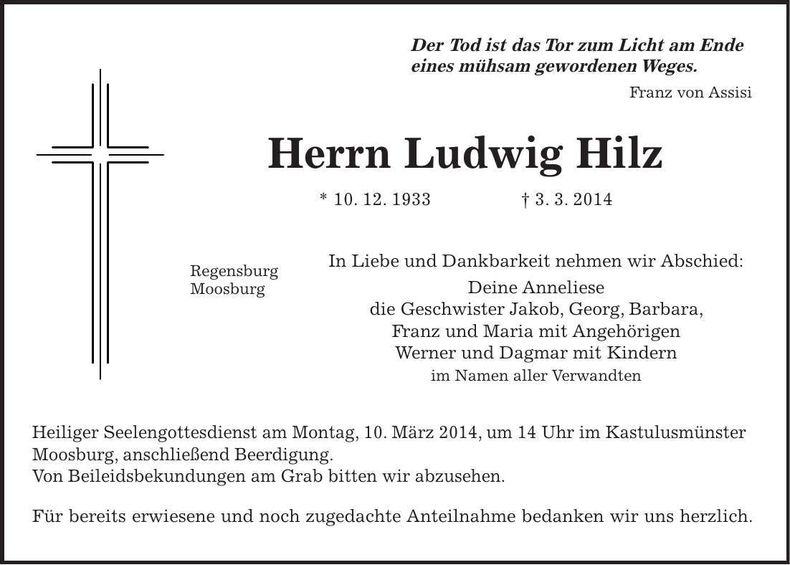 Traueranzeige Ludwig Hilz