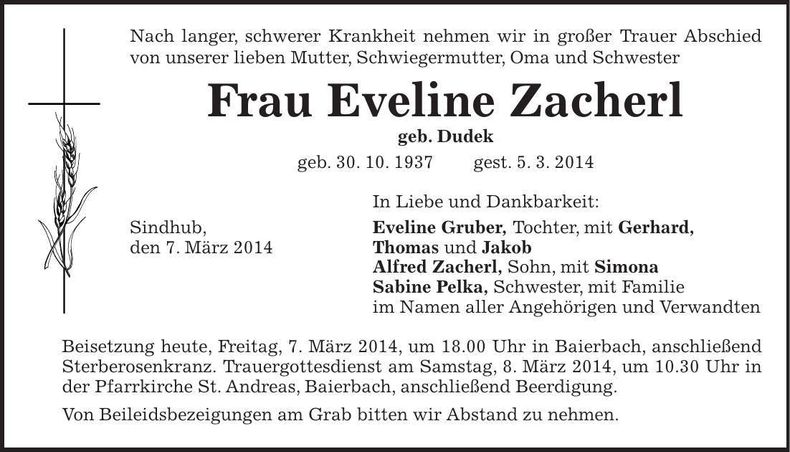 Traueranzeige Eveline Zacherl