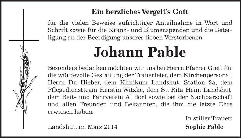 Traueranzeige Johann Pable