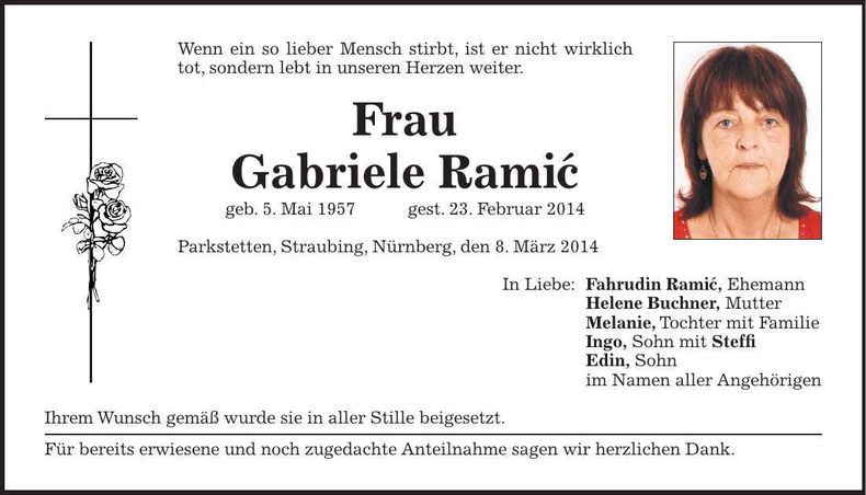 Traueranzeige Gabriele Ramic