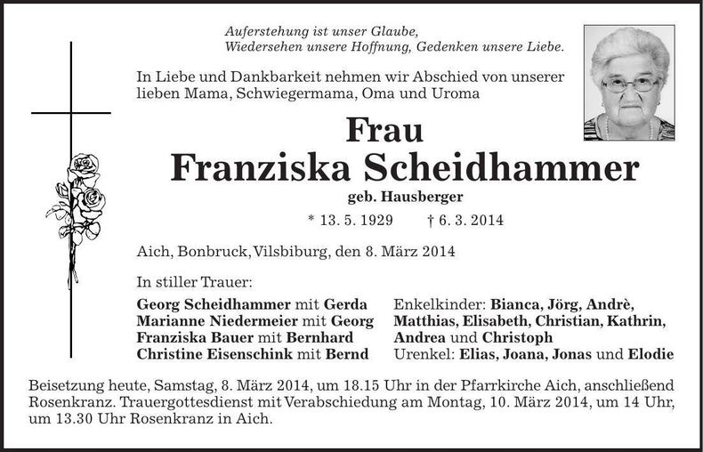 Traueranzeige Franziska Scheidhammer